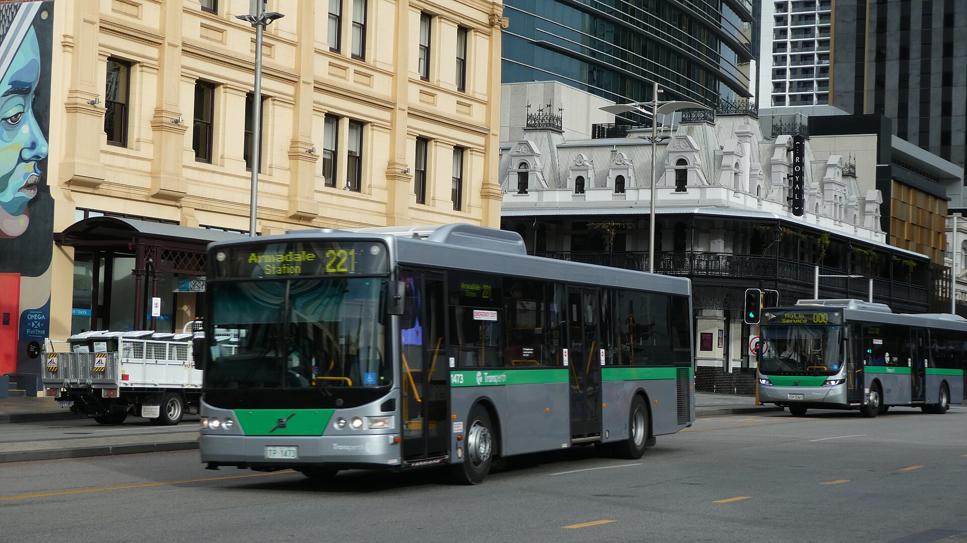A Transperth bus on Wellington Street in the Perth CBD, May 2024