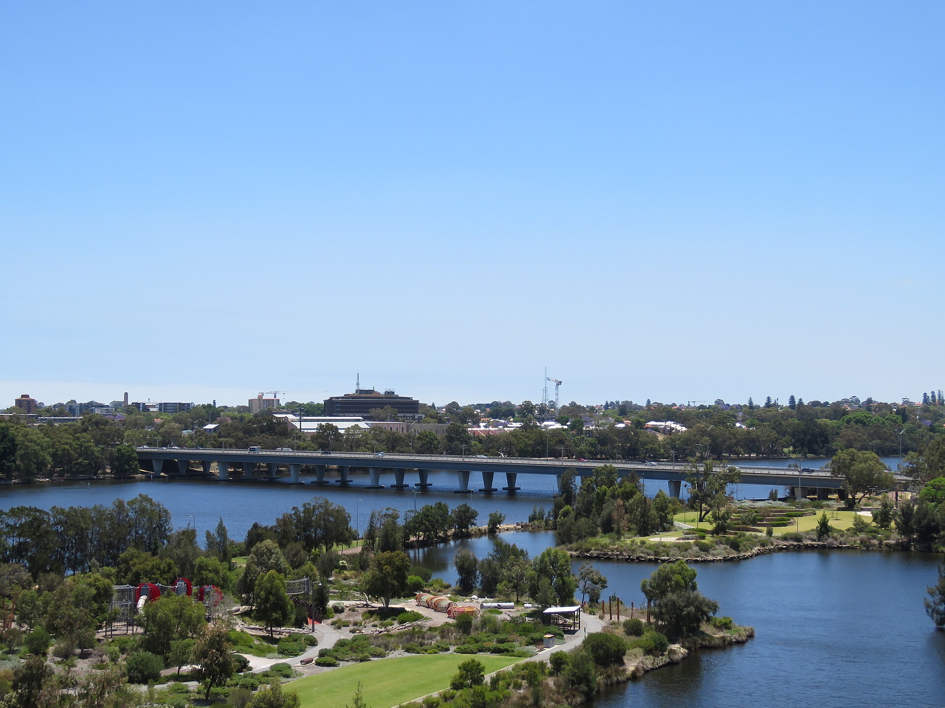 The Goongoongup rail bridge and Windan Bridge seen from Perth Stadium, December 2022