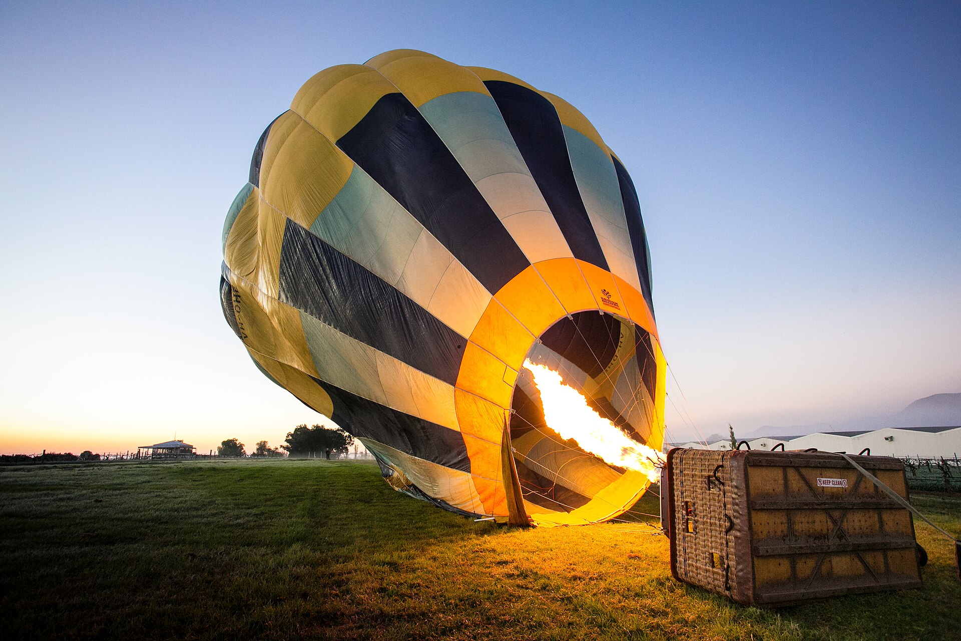 A hot air balloon being inflated at dawn in Pokolbin, New South Wales
