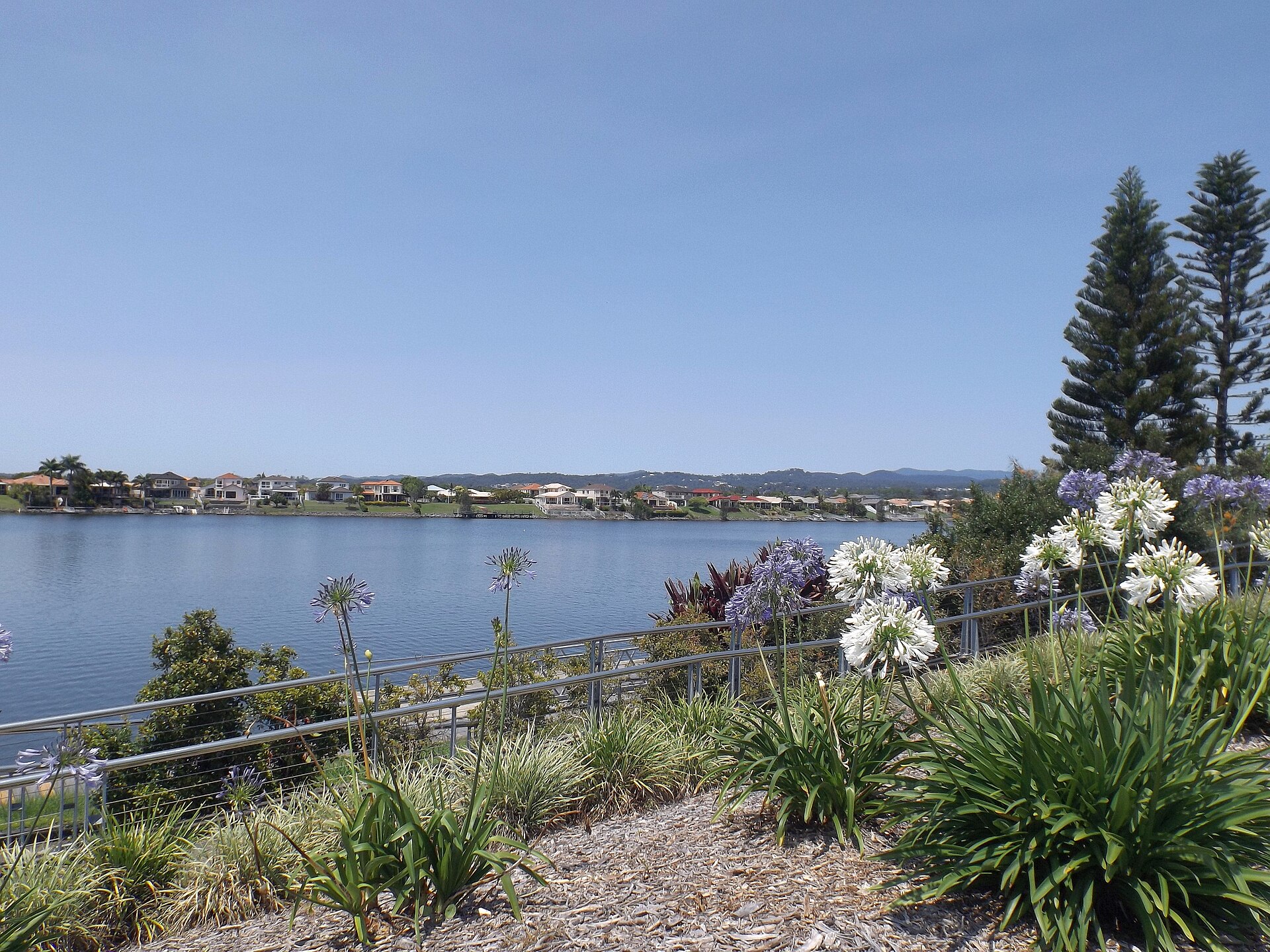 Lake Orr and houses in Varsity Lakes, photographed in 2015; dragon boat racing at the Games is held at Lake Orr