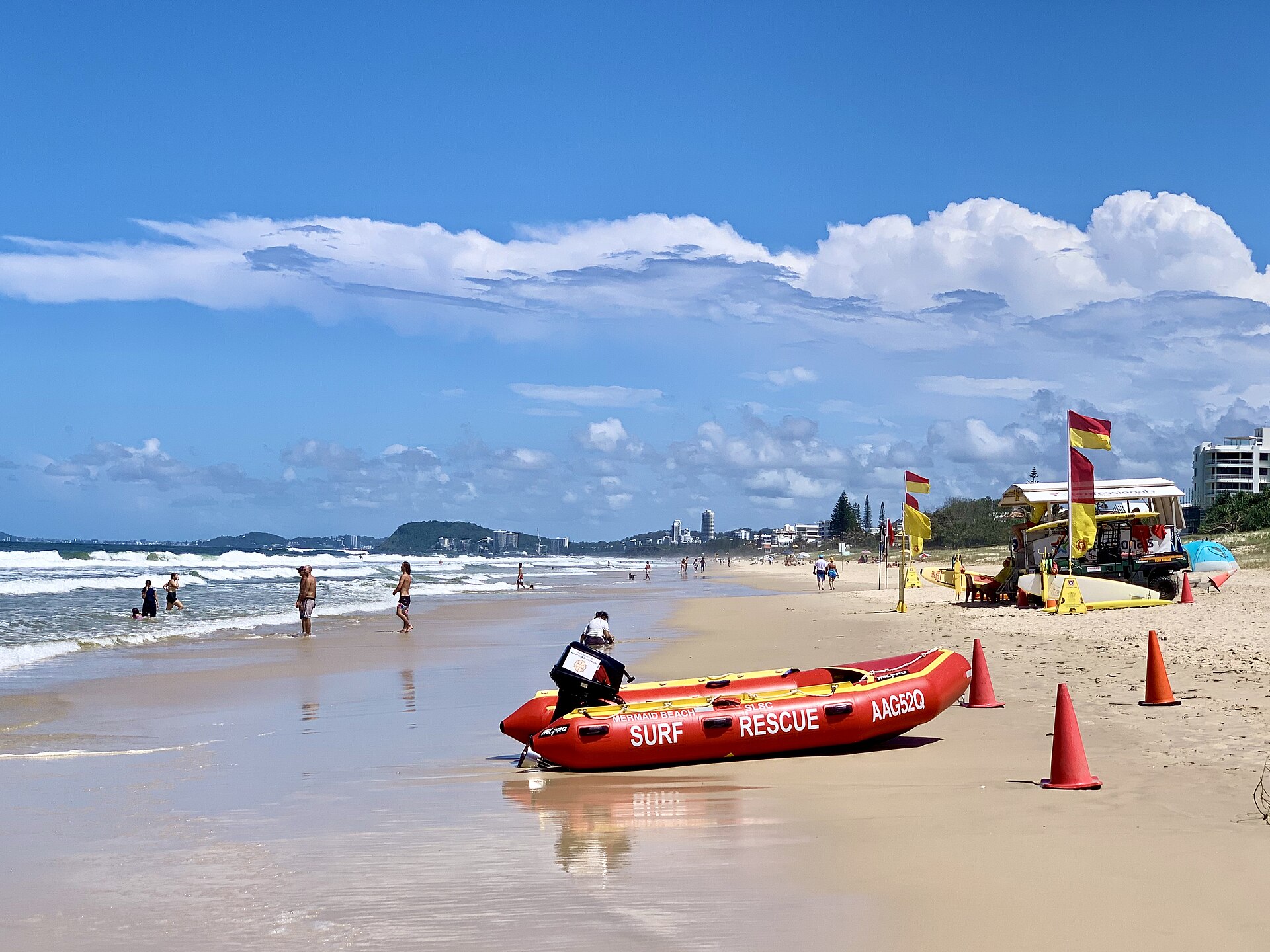 The beach at Mermaid Beach, photographed in February 2020; the Games ocean swim is held at Mermaid Beach