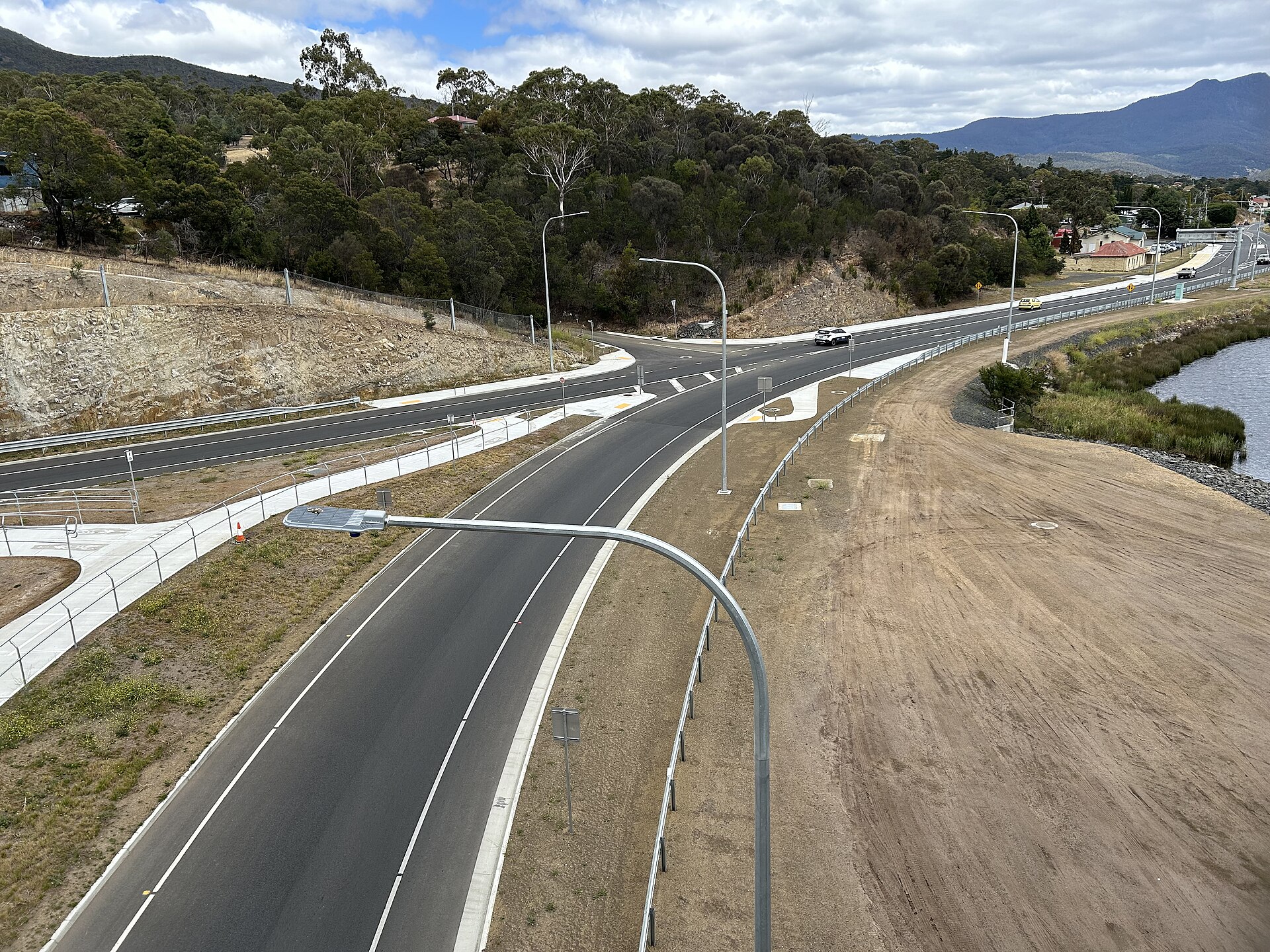 The Brooker Highway off-ramp to the Lyell Highway at Granton, Tasmania