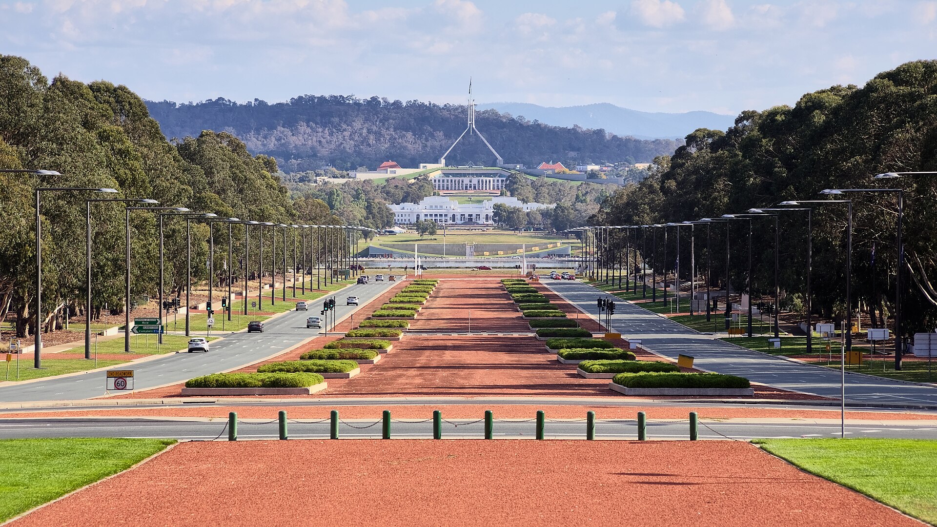 Anzac Parade seen from the Australian War Memorial, with Parliament House in the distance