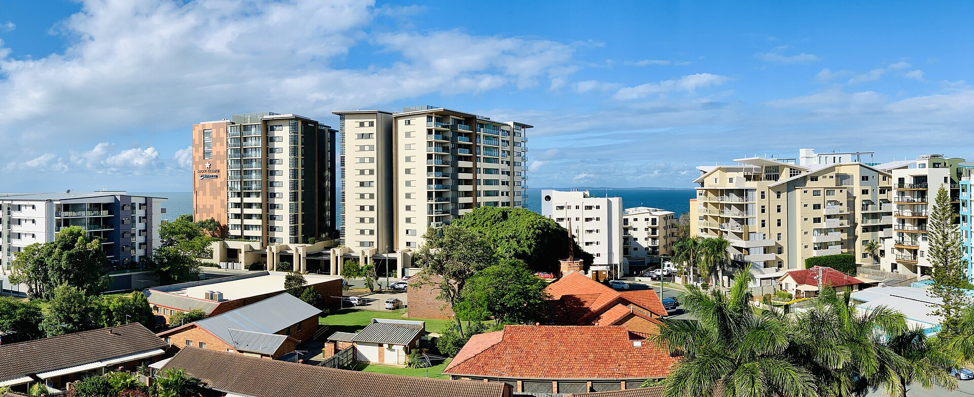 Panorama of apartment buildings and houses in Redcliffe looking towards Moreton Bay