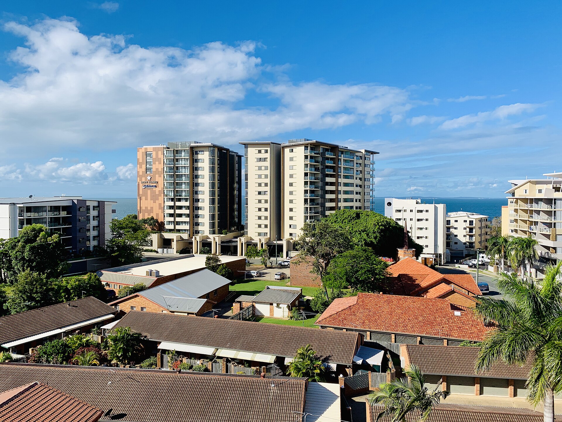 Apartment buildings near the Redcliffe foreshore with Moreton Bay behind them