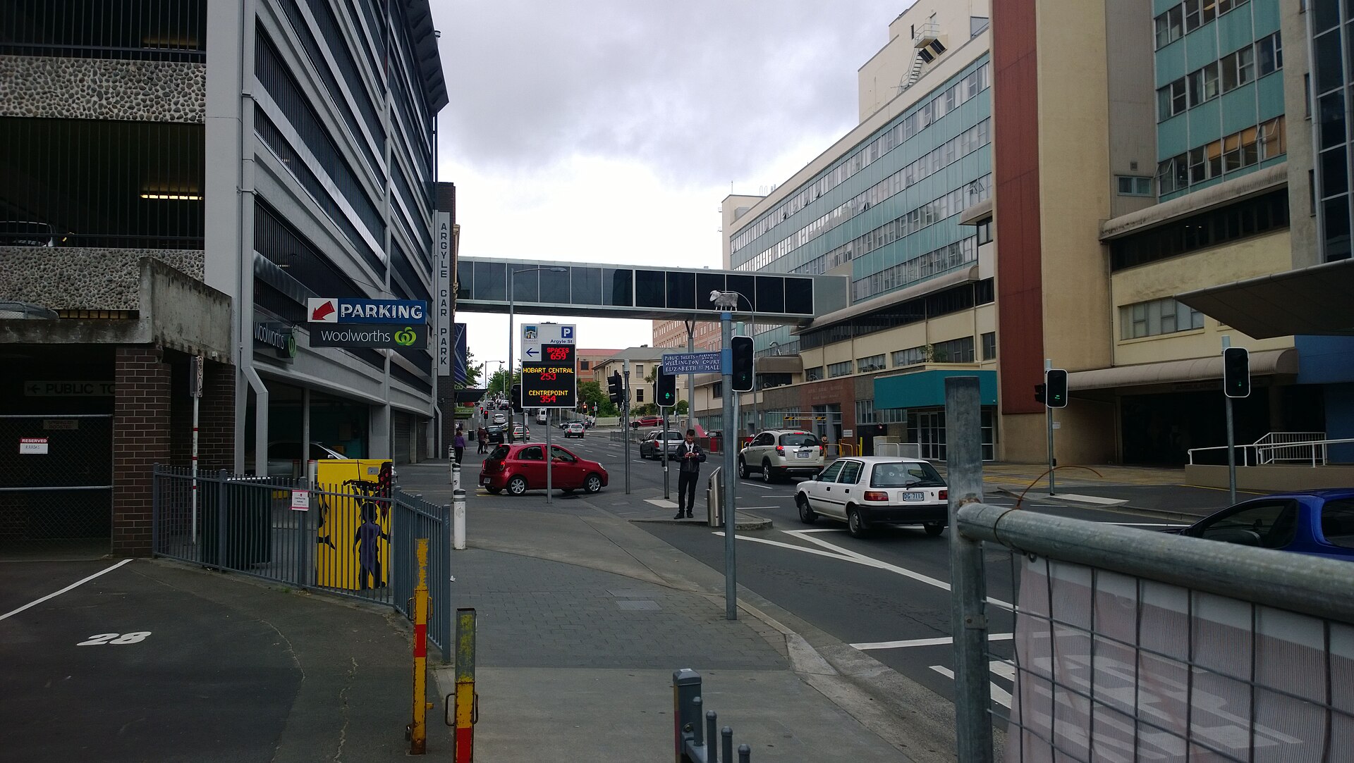 Argyle Street in Hobart with the Argyle Street Car Park on the left and the hospital buildings on the right