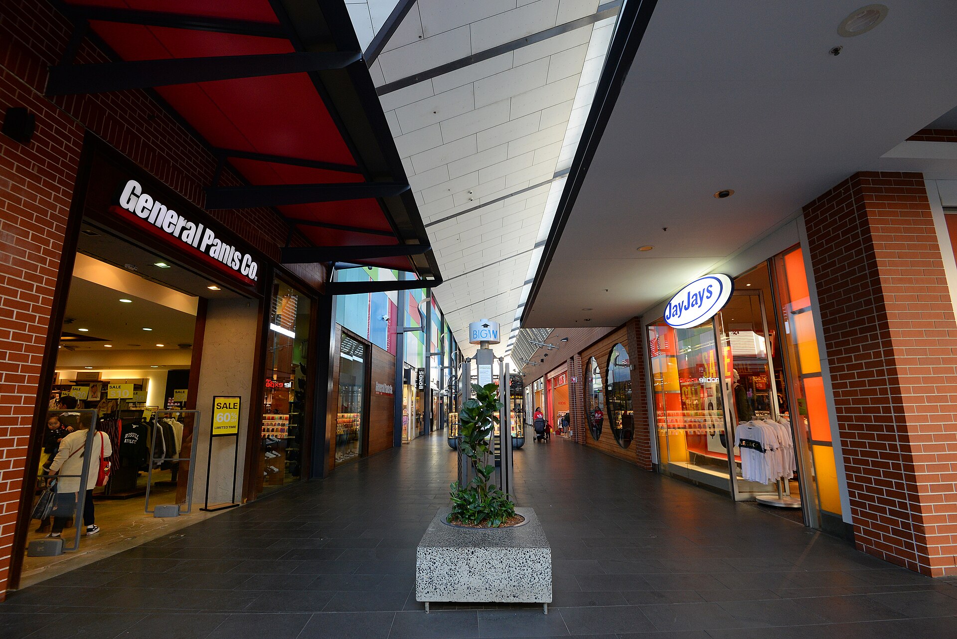A shopping arcade at Rouse Hill Town Centre with General Pants Co and Jay Jays on either side