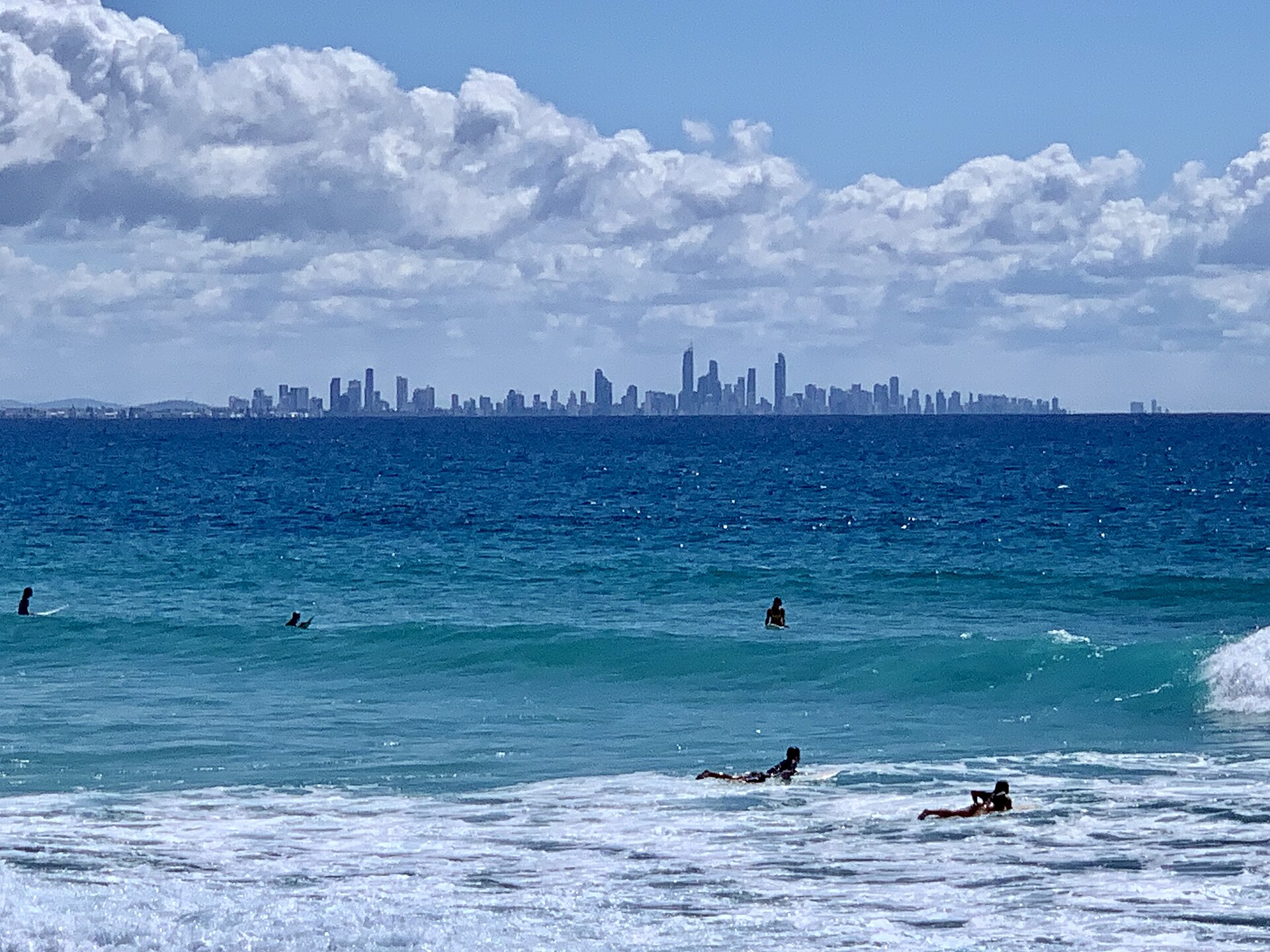High-rise buildings of the Gold Coast seen from the jetty between Coolangatta Beach and Kirra Beach, 2020