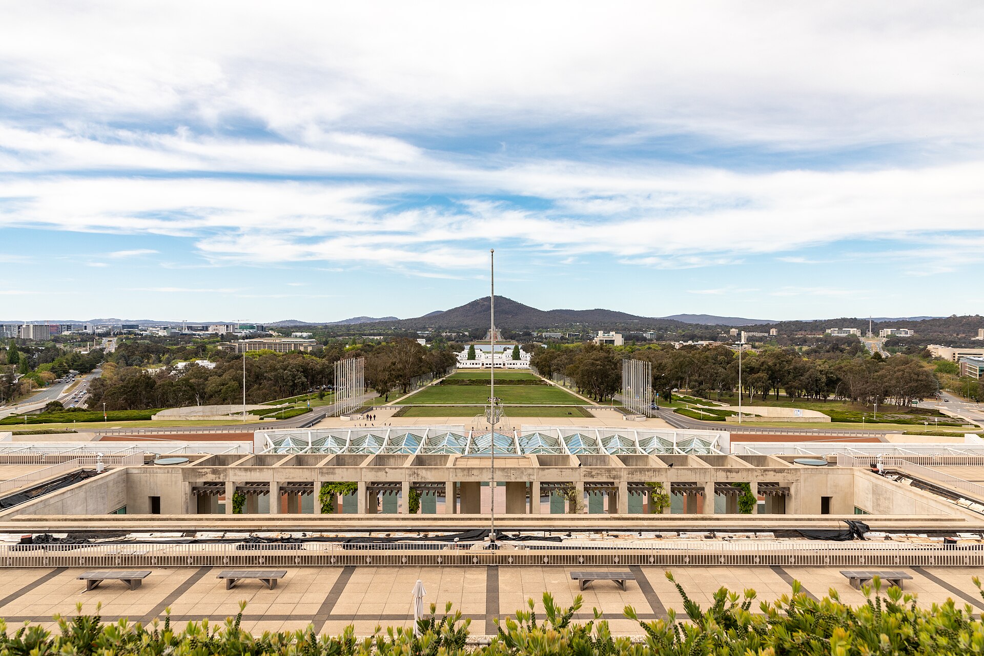 Parliament House in the foreground and Old Parliament House behind it, Canberra, 2019