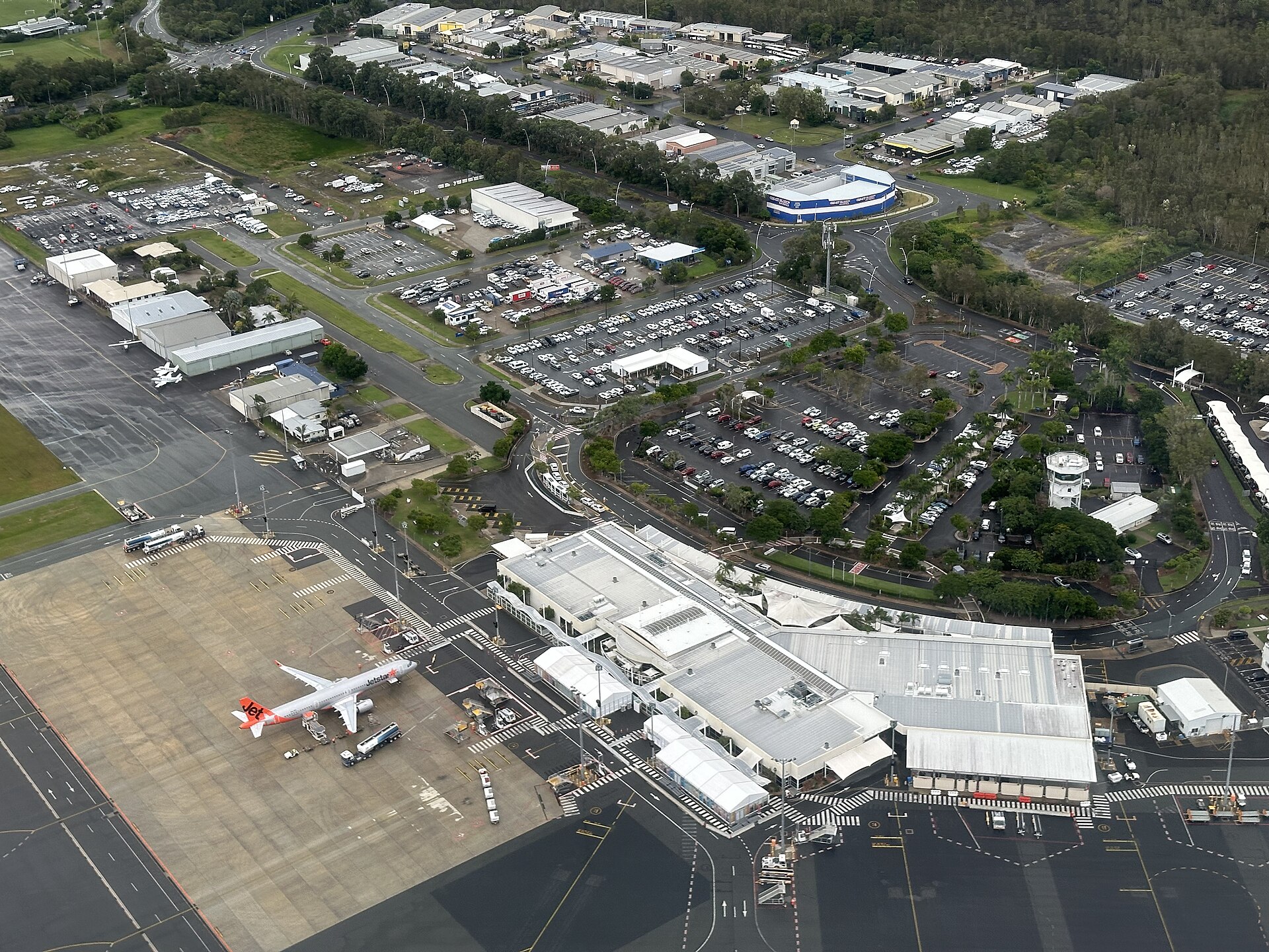 Aerial view of Sunshine Coast Airport, photographed in May 2024