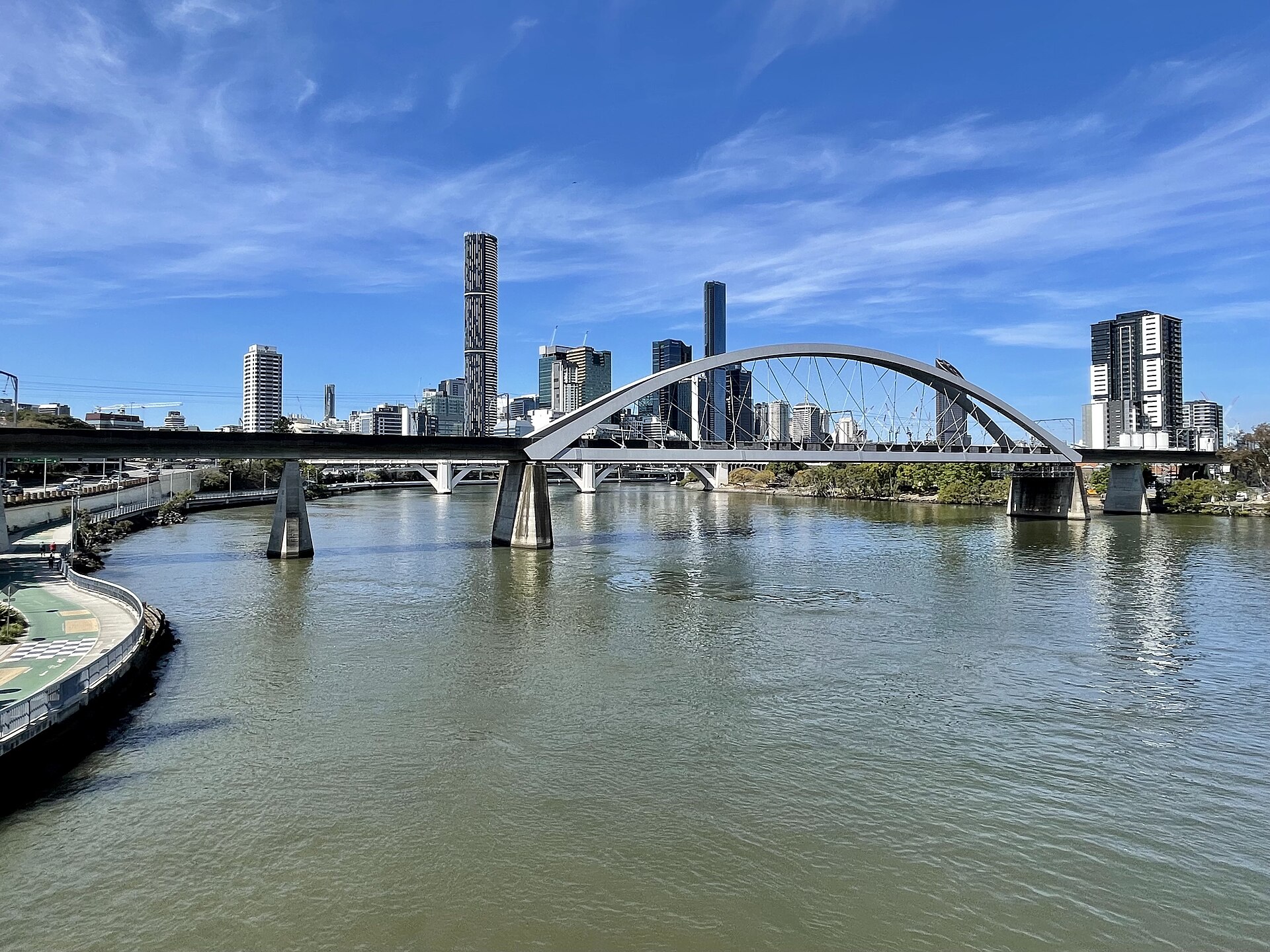 Brisbane CBD seen from the Go Between Bridge (photographed in August 2021)
