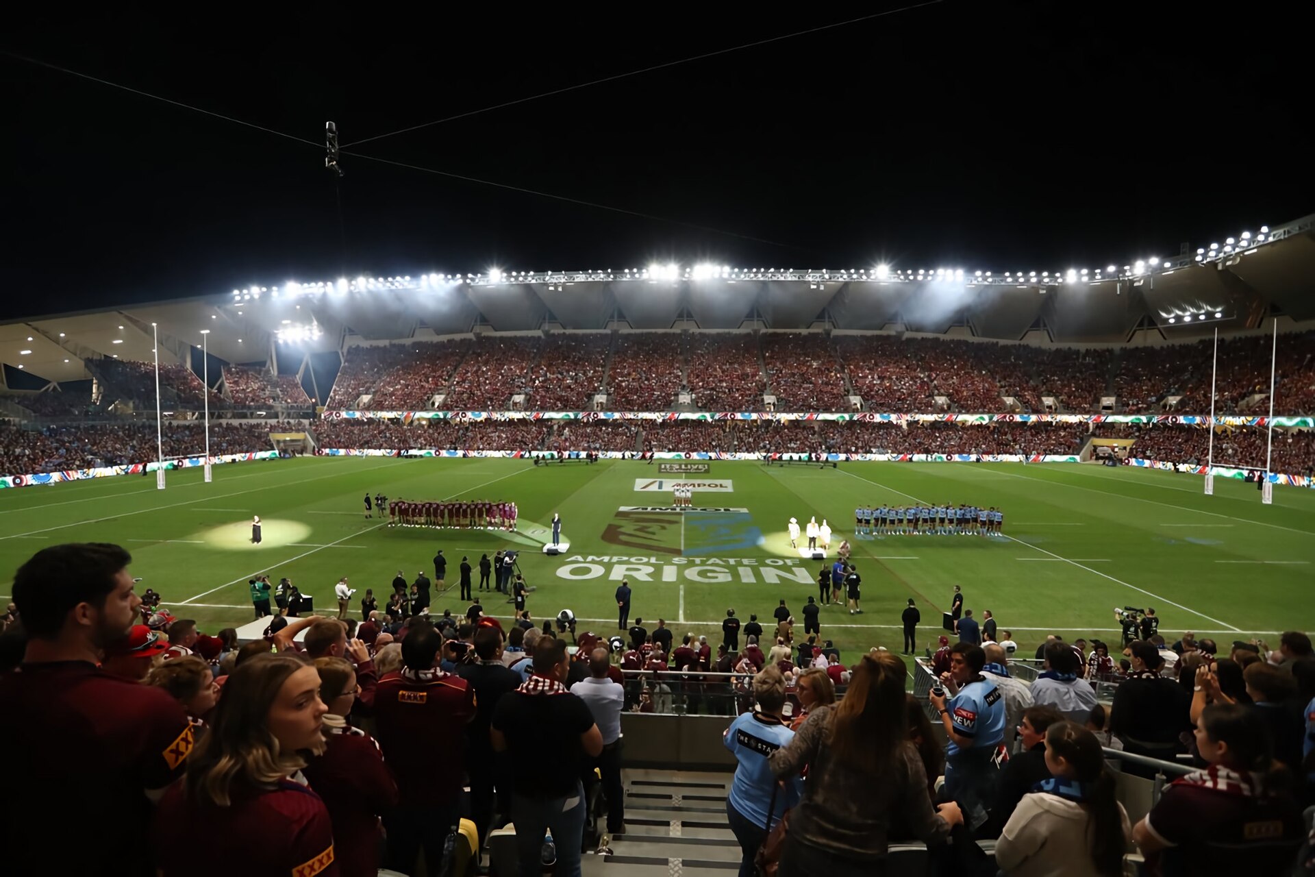The Queensland Country Bank Stadium crowd during the national anthem before State of Origin Game 1 in 2021