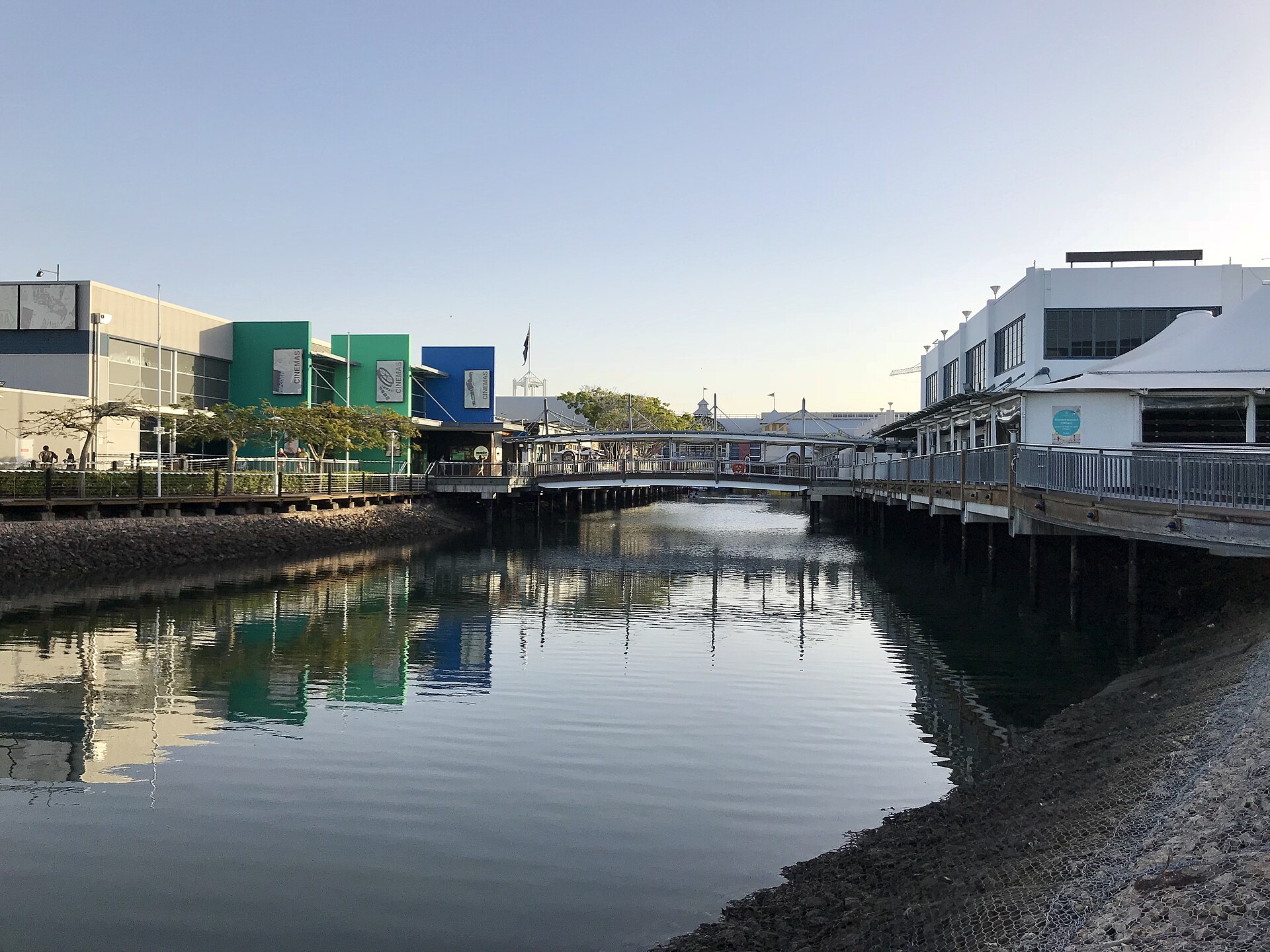 Canal and footbridge beside the cinemas at Sunshine Plaza, Maroochydore, photographed in 2018