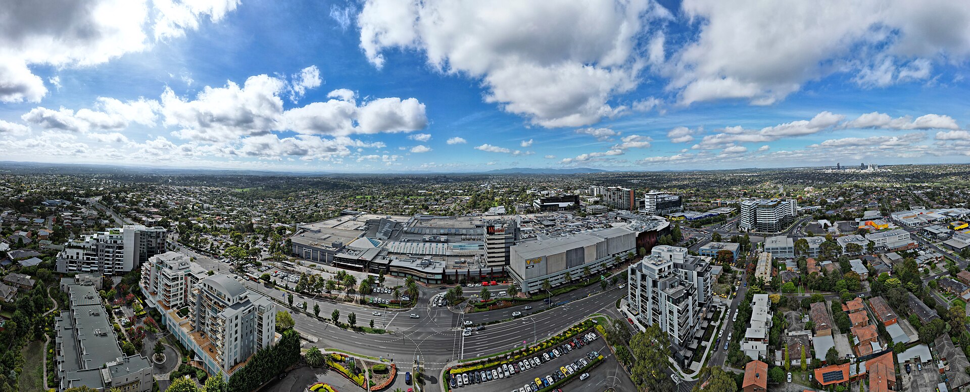 Aerial panorama of Westfield Doncaster and its surrounds on Doncaster Hill, April 2023