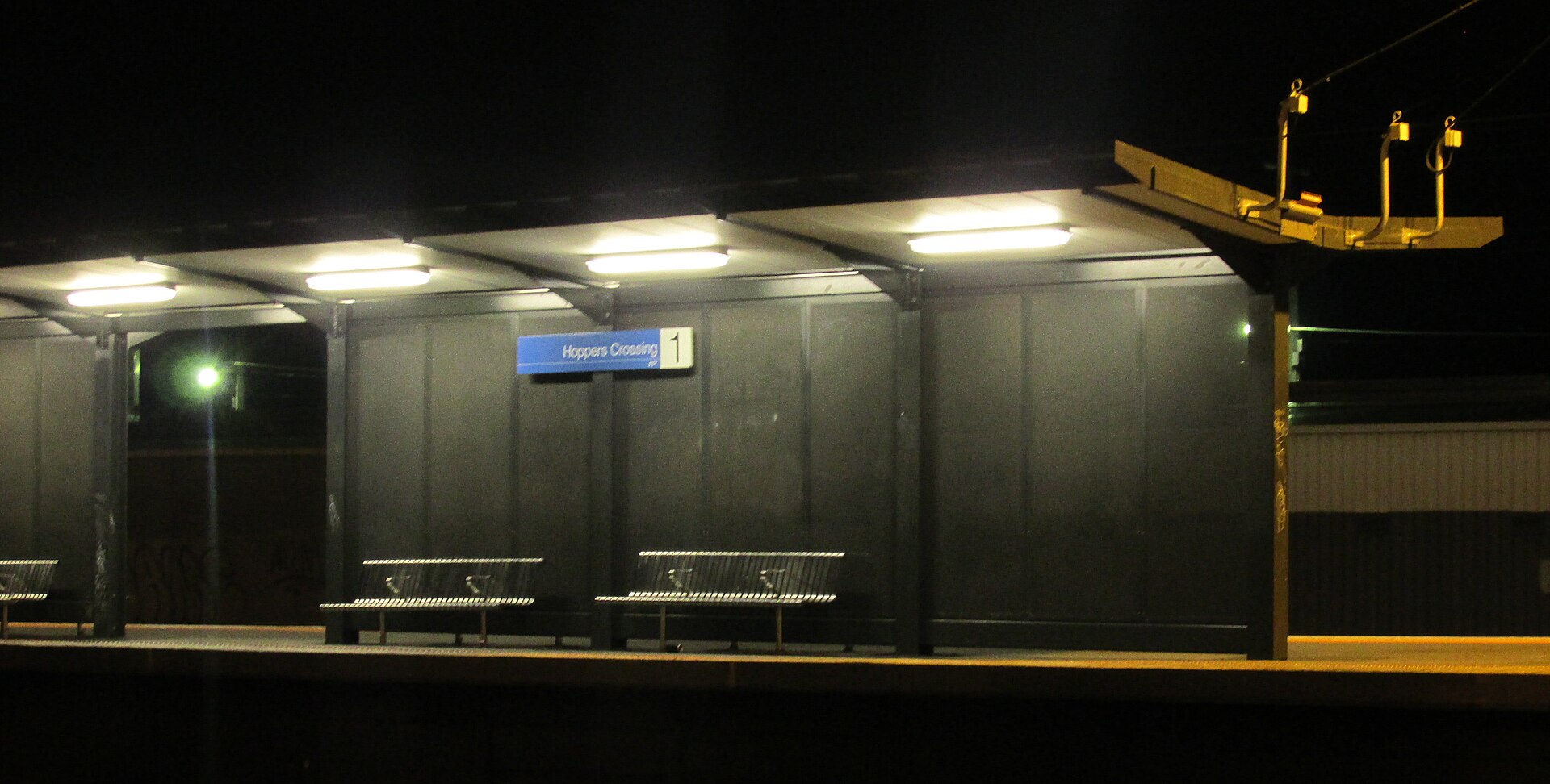 Hoppers Crossing station platform at night, photographed in 2016