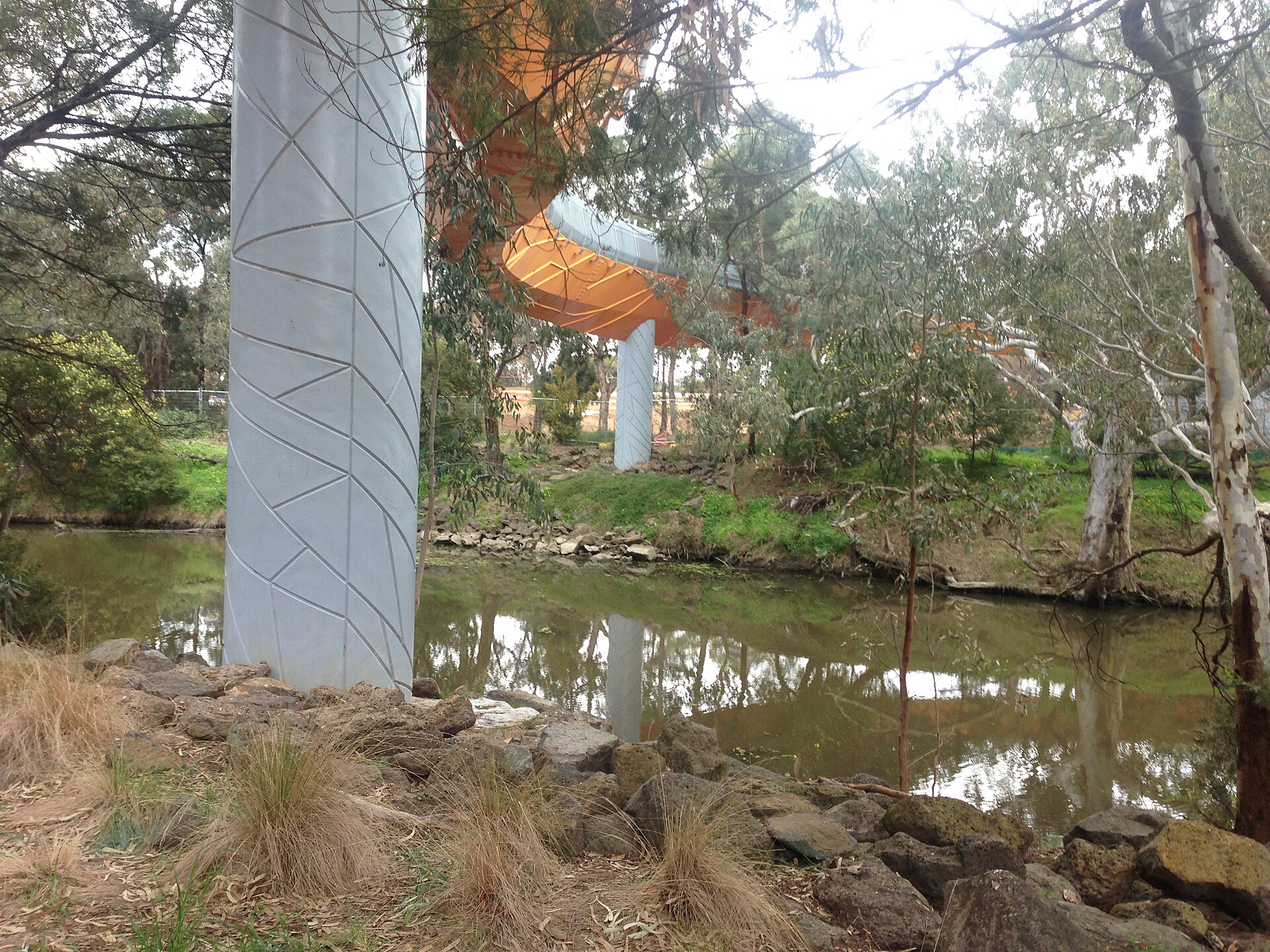 Bridge across the Werribee River to Wyndham Park, Werribee, photographed in 2019